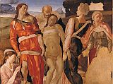 London National Gallery Top 20 07 Michelangelo - The Entombment Michelangelo - The Entombment 1500-1, 162 x 150 cm. Michelangelo abandoned this painting when he left for Florence in the spring of 1501. The theme of Christ�s body being lifted up, prior to being carried to the tomb, is combined with the motif of the dead Christ presented to the viewer for pious meditation. Even at this late stage, however, Michelangelo still omits the wounds in Christ�s hands, feet and side. Christ is supported on the left by the long haired St. John the Evangelist in his canonical red gown. The others are probably Nicodemus, and Joseph of Arimathaea who gave up his tomb for Jesus. The figure kneeling below St. John is probably Mary Magdalene, who is shown meditating on the crown of thorns and the nails of the Crucifixion. The woman at the back right is a Holy Woman (Mary Salome). The missing figure on the lower right was to be the Virgin Mary mourning her son.